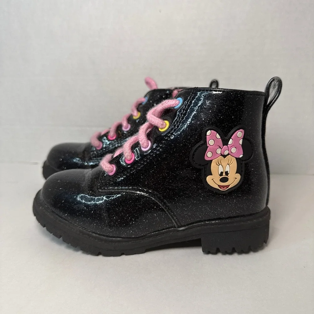 Disney Minnie Mouse Girls Black Glitter Combat Boots Side Zip Size 9